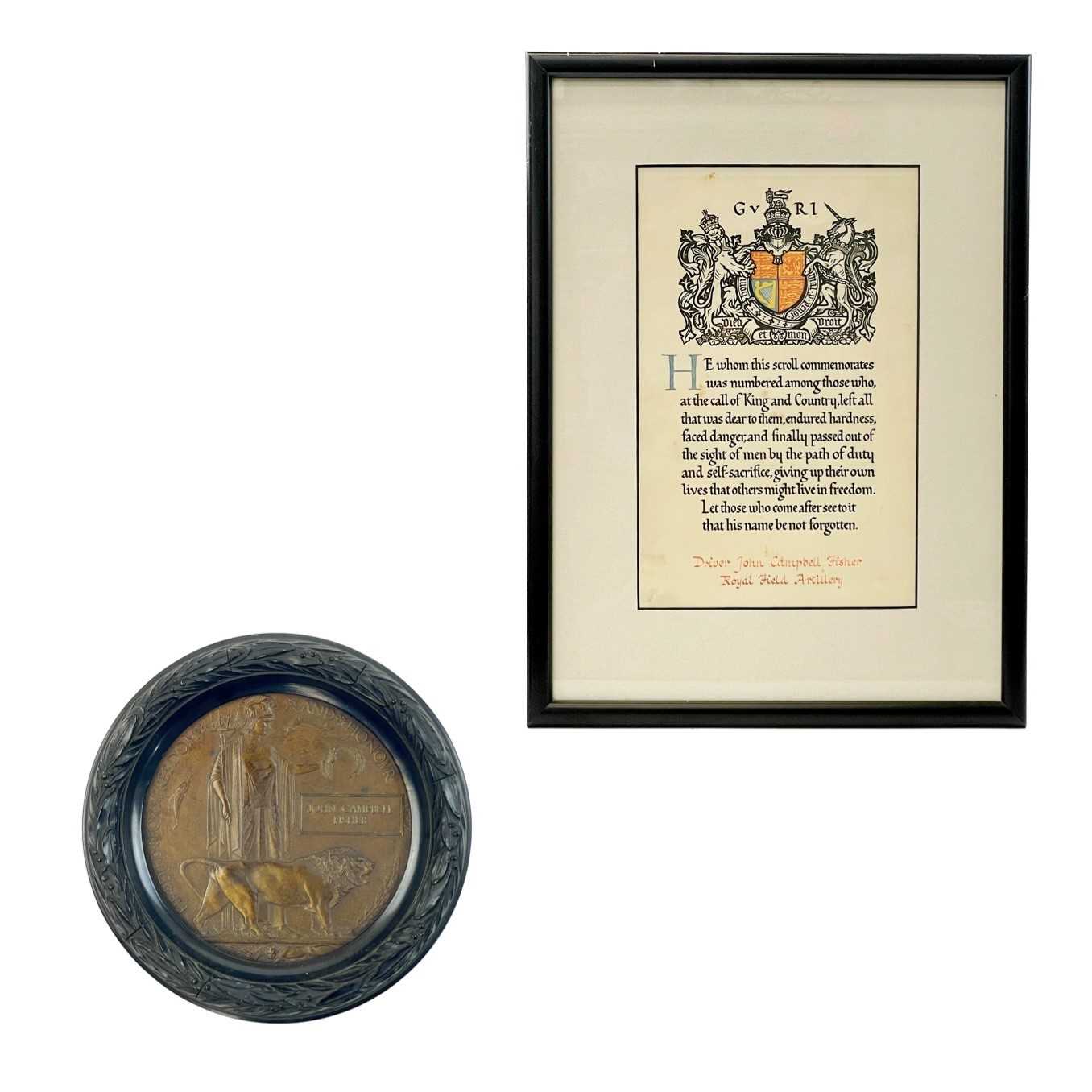 Lot 252 - A WWI death Plaque and Scroll.