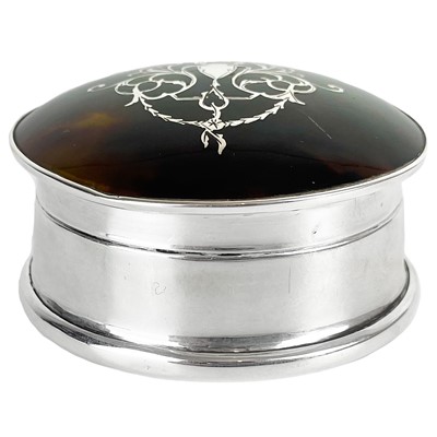 Lot 255 - A George V silver tortoiseshell pique ware pill or ring box by Corke Bros.