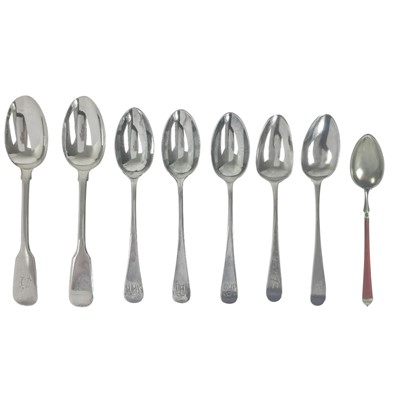 Lot 226A - Seven various silver teaspoons and an enameled demitasse spoon.