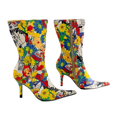 Lot 559 - A pair of Blu stiletto boots with comic strip pop art print.