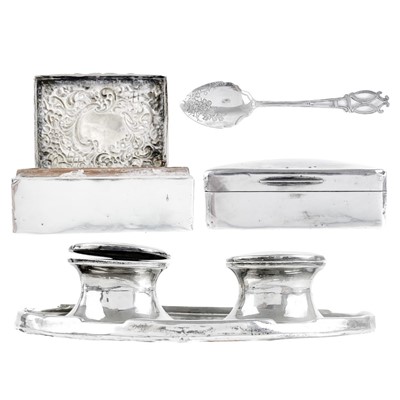 Lot 225 - Two silver boxes, An inkstand and a condiment spoon.