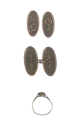 Lot 4 - A pair of 9ct foliate engraved cufflinks and a rose gold paste set ring.