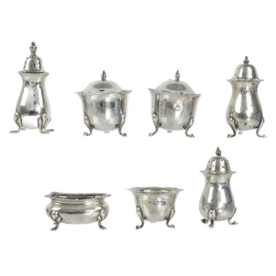 Lot 222 - An Edwardian silver five piece cruet set by John Henry Potter.