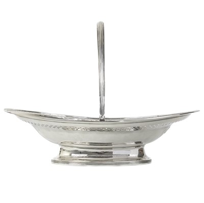 Lot 75 - A George III silver swing handled pedestal bread basket by John Emes.