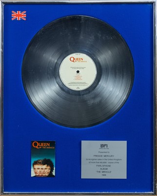 Lot 21 - Queen. Freddie Mercury’s BPI sales award 'The Miracle', 1989.