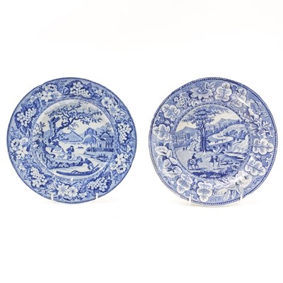 Lot 249 - A blue and white shallow bowl printed Fishermen and Nets pattern.