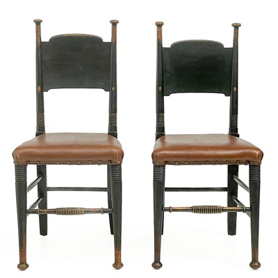 Lot 364 - A pair of William Birch Arts and Crafts ebonised oak chairs.