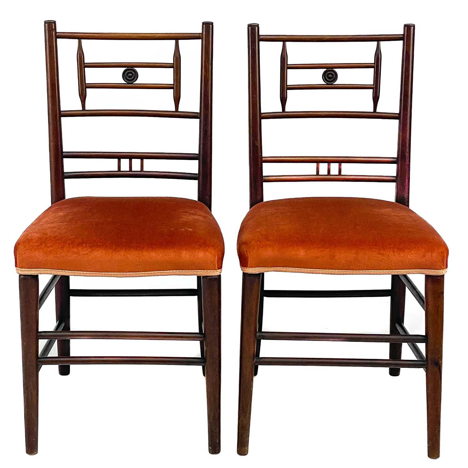 Lot 381 - A pair of Aesthetic movement walnut chairs.