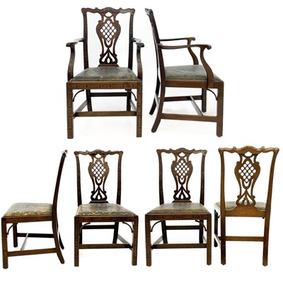 Lot 704 - A set of six 19th century mahogany dining chairs in the Chinese Chippendale manner.