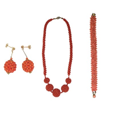 Lot 232 - An En Suite coral bead ball necklace, pair of pendant earrings and bracelet.