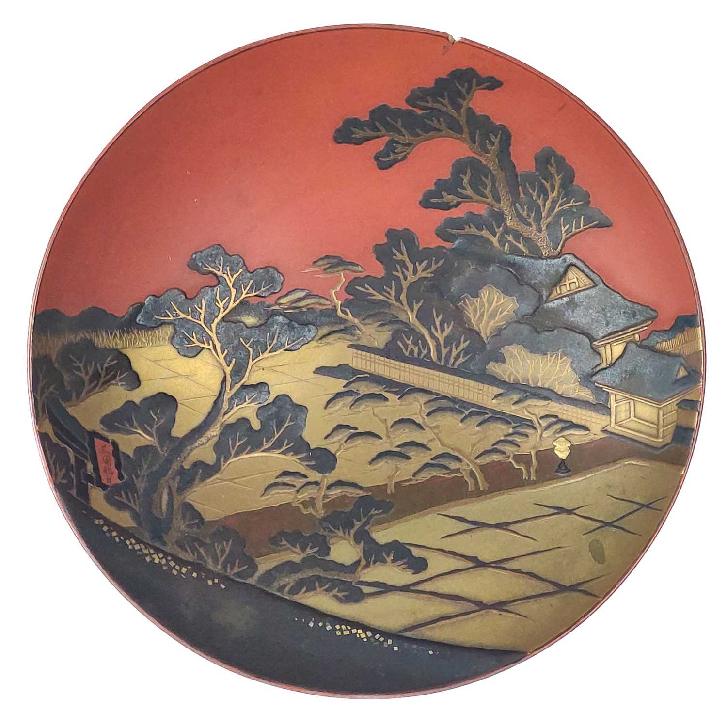 Lot 1318 - A Japanese red lacquered and gilt Saki bowl.