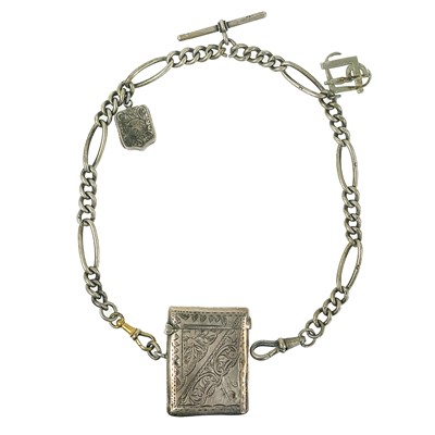 Lot 99 - A silver Albert watch chain applied with two charms and a fob vesta.