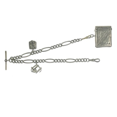 Lot 99 - A silver Albert watch chain applied with two charms and a fob vesta.