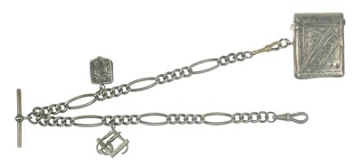 Lot 99 - A silver Albert watch chain applied with two charms and a fob vesta.