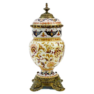 Lot 254 - A Zsolnay Pecs gilt metal mounted urn and cover.