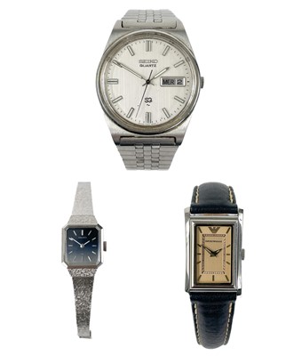 Lot 121 - A Seiko quartz gentleman's wristwatch, a Seiko lady's and an Armani lady's wristwatch.