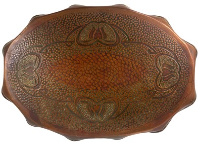 Lot 94 - A J & F Pool Ltd copper oval tray repousse decorated with foliate rim.