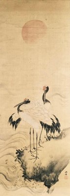 Lot 1010 - A Japanese watercolour of two cranes, signed Sessai, 19th century.