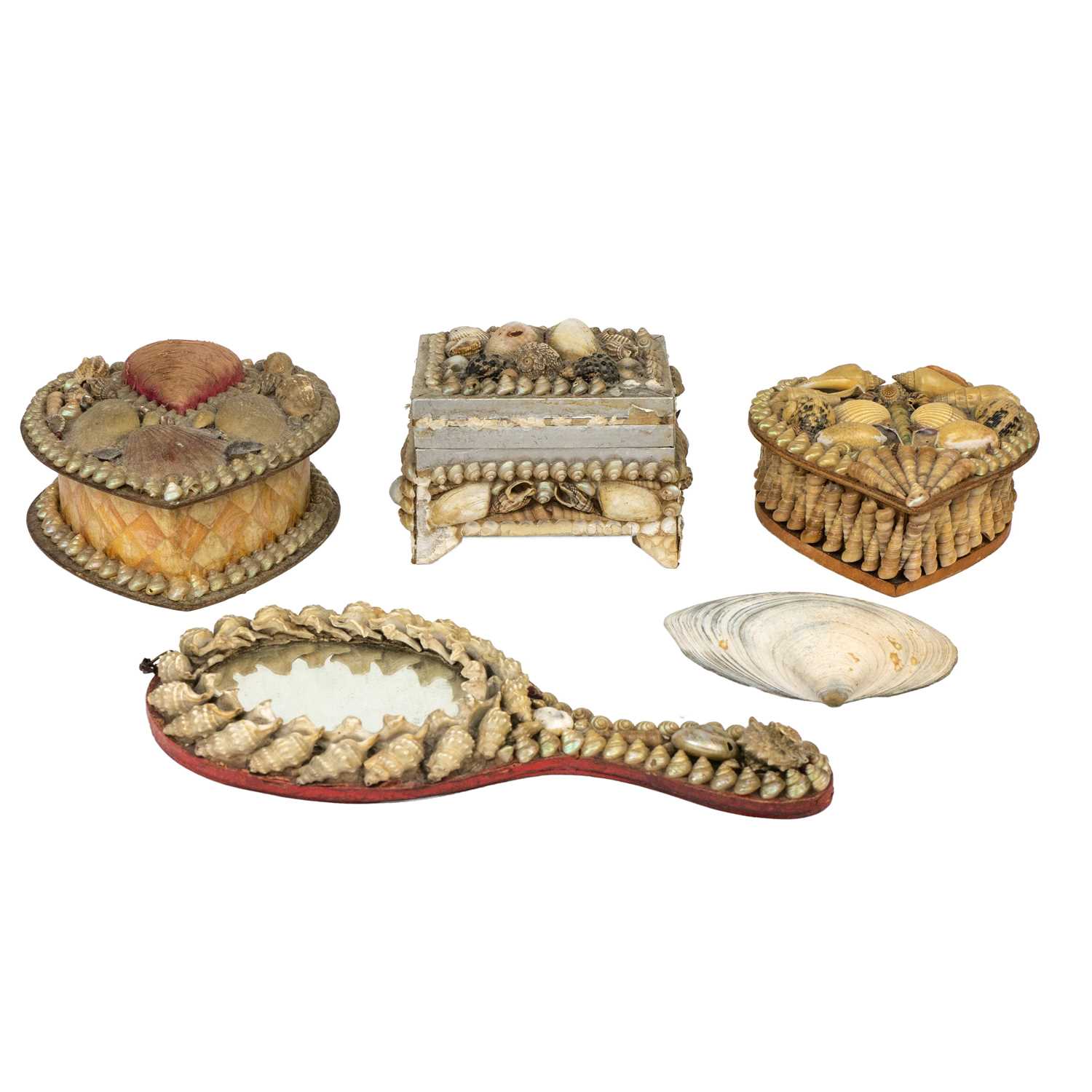 Lot 290 - A late Victorian shellwork hand mirror.