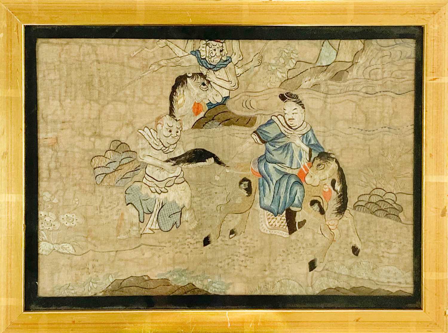 Lot 1066 - A Chinese silk embroidered picture, 19th century.