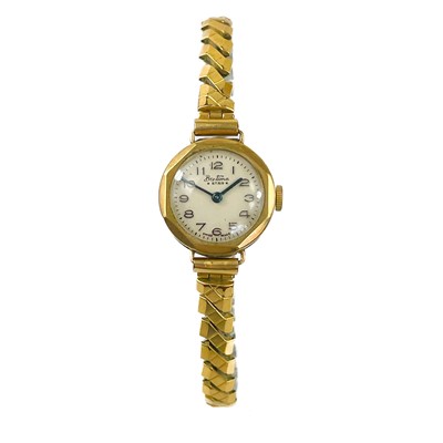 Lot 115 - Three 9ct gold-cased lady's manual wind wristwatches and a 9ct expanding bracelet.