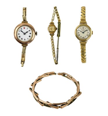 Lot 115 - Three 9ct gold-cased lady's manual wind wristwatches and a 9ct expanding bracelet.