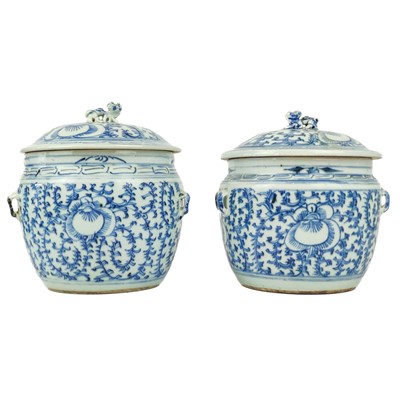 Lot 1011 - Two similar Chinese blue and white porcelain pots and covers.