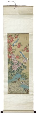 Lot 1111 - A Chinese painted scroll depicting birds and flowers, late Republic period.