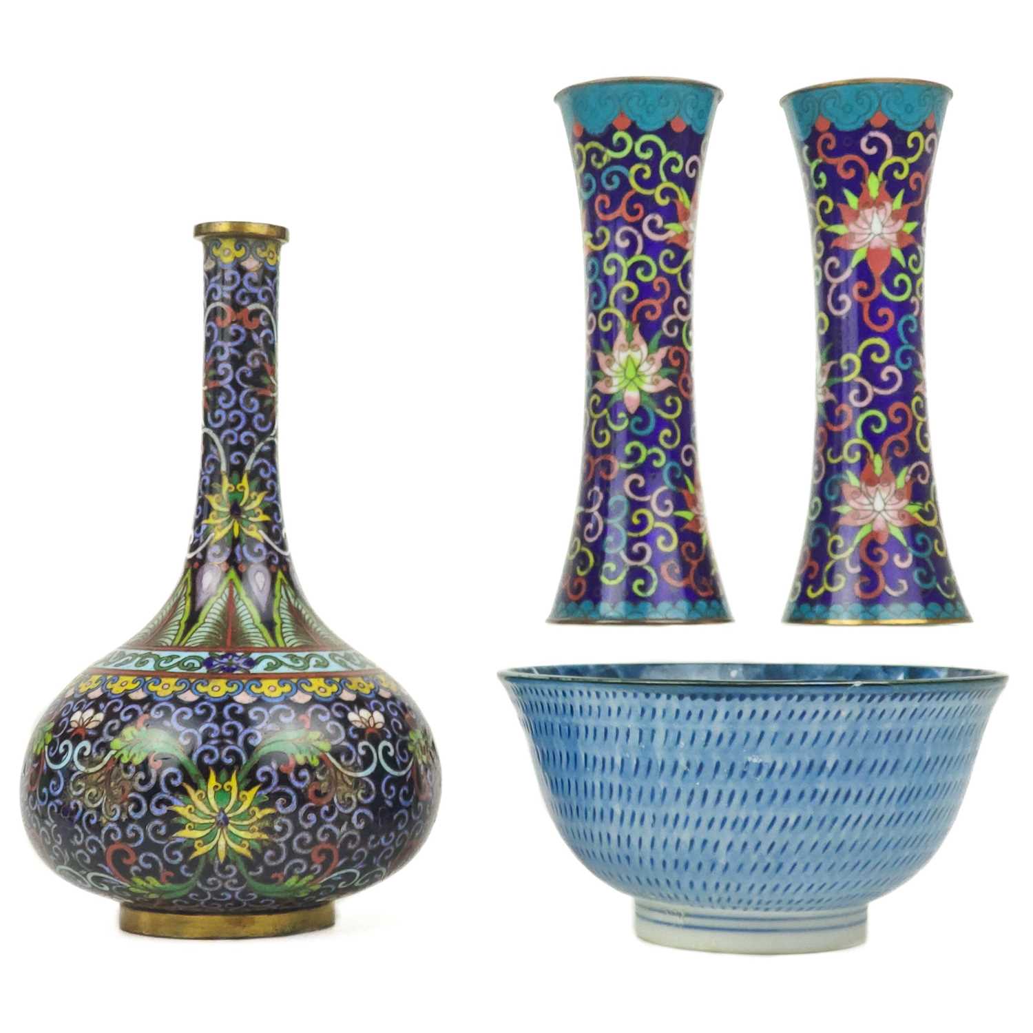 Lot 1108 - A Chinese cloisonne three-piece garniture, circa 1900.