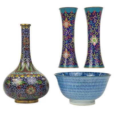 Lot 1108 - A Chinese cloisonne three-piece garniture, circa 1900.