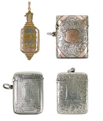 Lot 80 - Three silver vesta cases, a silver Albert watch chain, and a lorgnette.
