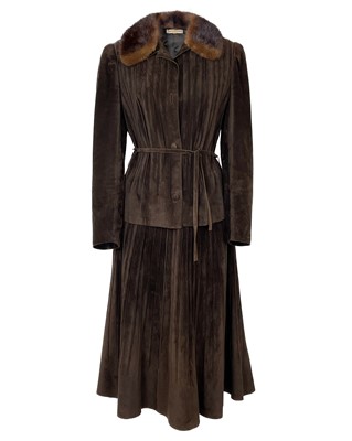 Lot 532 - A Beltrami brown suede leather fitted jacket and skirt set.