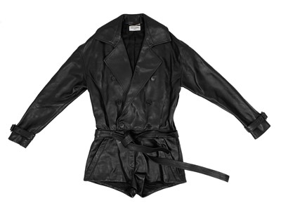 Lot 558 - A Saint Laurent Paris black leather Claudius trench combishort playsuit.