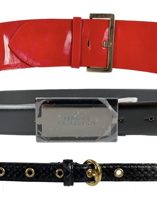 Lot 485 - Three designer belts by Versace Collection, Gucci and Stephen Collins.