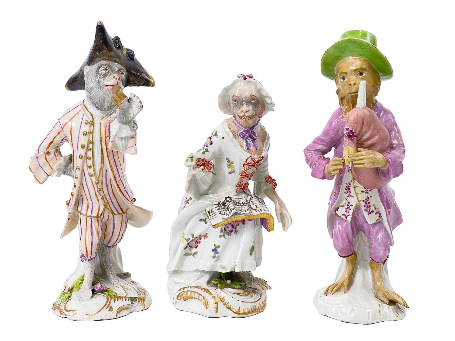 Lot 598 - Two Furstenberg porcelain monkey band musician figures.