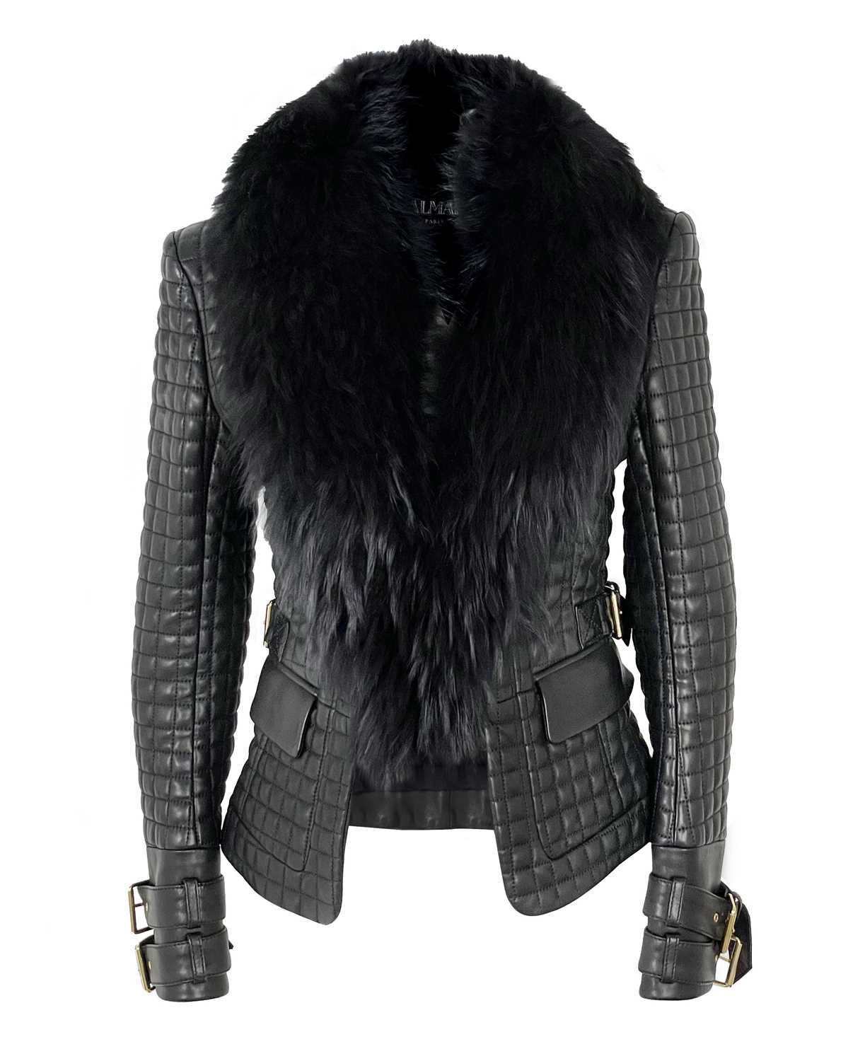 Lot 73 - A Balmain Paris black quilted lambskin and racoon fur collar biker jacket, size 38.