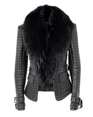 Lot 564 - A Balmain Paris black quilted lambskin and racoon fur collar biker jacket, size 38.