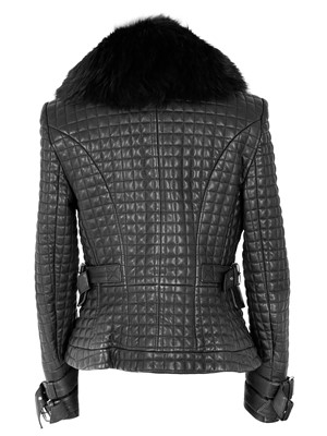 Lot 73 - A Balmain Paris black quilted lambskin and racoon fur collar biker jacket, size 38.