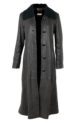 Lot 35 - A Jane Norris black leather ladies full-length trench coat.