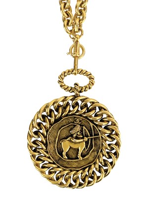 Lot 37 - A Chanel 24ct gold-plated large Sagittarius medallion necklace, circa 1985.