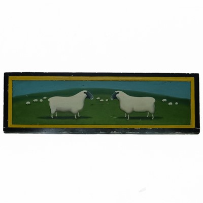 Lot 123 - A pine panel, painted with sheep in a landscape.