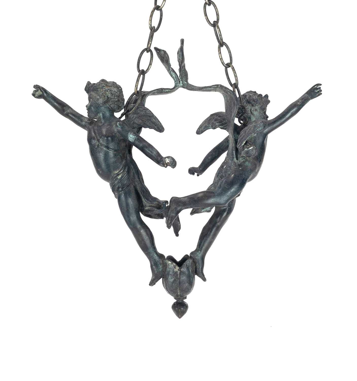 Lot 69 - A 19th century bronze hanging figure group of putti.