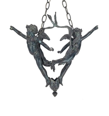 Lot 69 - A 19th century bronze hanging figure group of putti.