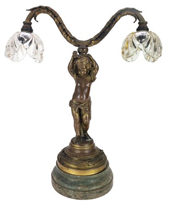 Lot 199 - A 19th century gilt bronze and marble twin branch table lamp.