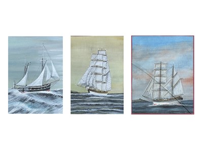 Lot 137 - Three mixed media works of masted schooners with white highlights