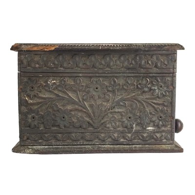 Lot 24 - A Persian carved wood cigarette dispenser, late 19th century.