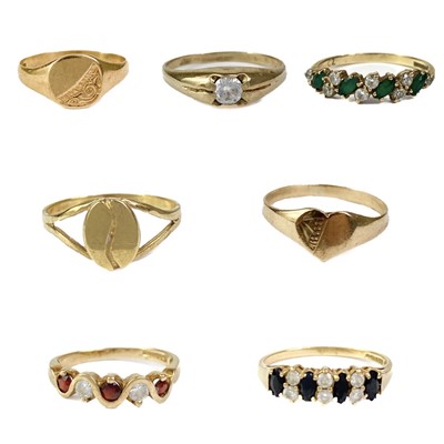 Lot 51 - A selection of seven 9ct gem and CZ set rings.