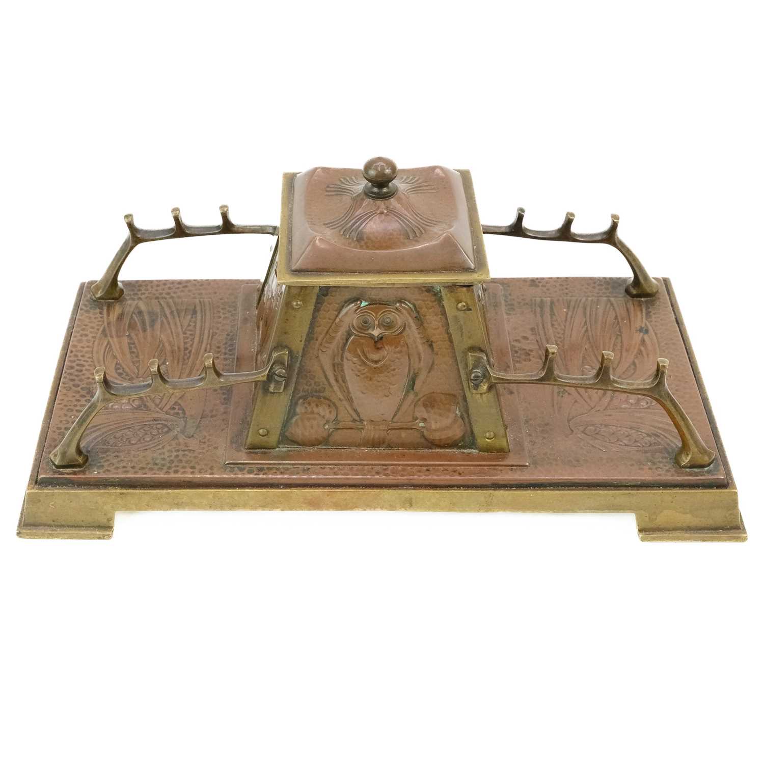 Lot 295 - A Jugendstil inspired brass and copper inkwell or Standish.