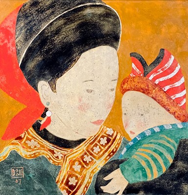 Lot 1248 - DO KIM DOAN. Mother and Child, Painting. Lacquer on wood panel, signed.