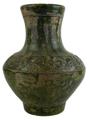 Lot 1049 - A Chinese green-glazed 'Hunting Scene' pottery vase, Han Dynasty. (206 BC-220 AD)